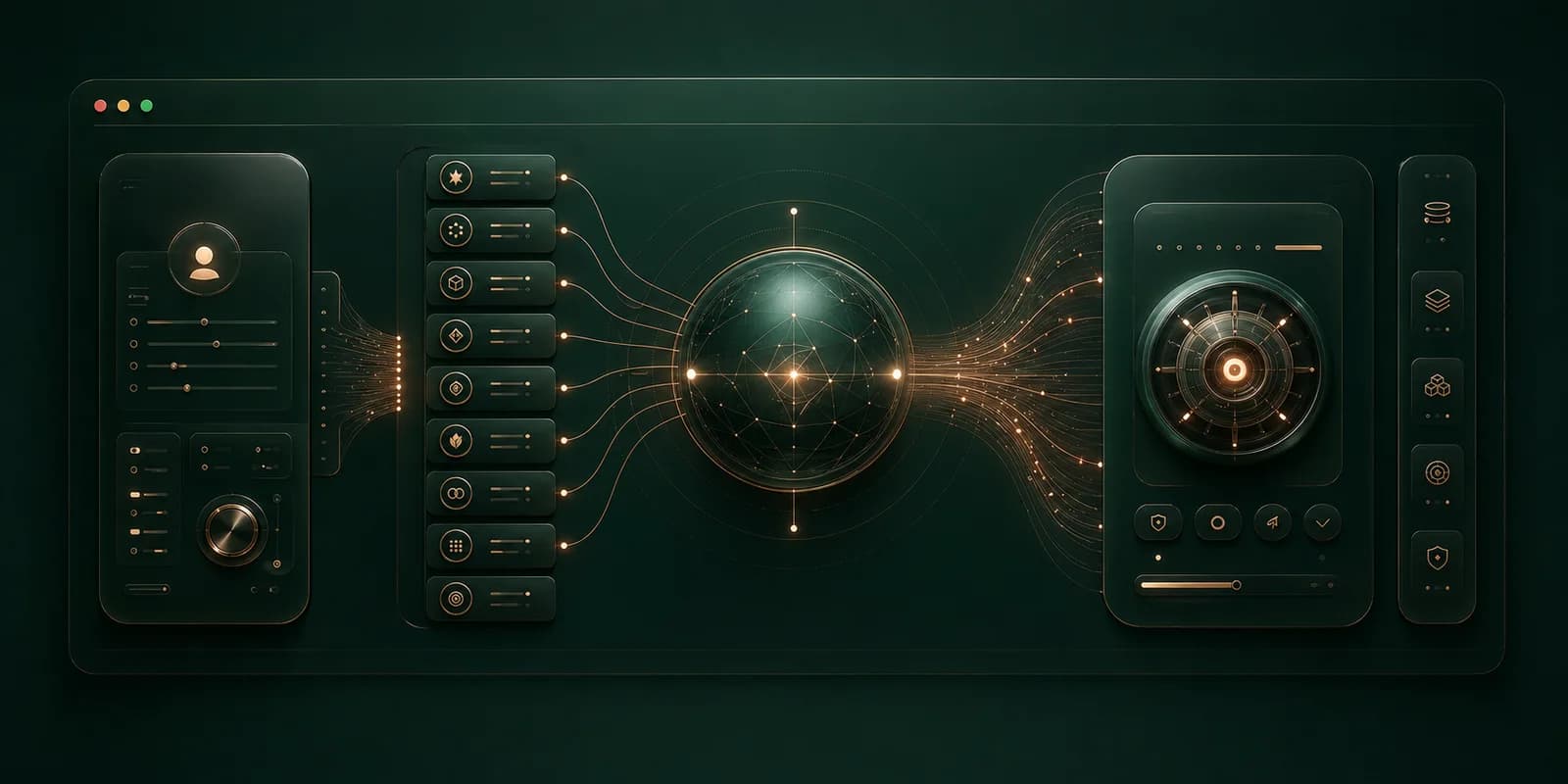 Abstract dark green app control plane with owner controls, analyst signals, an agentic portfolio manager core, and execution engine